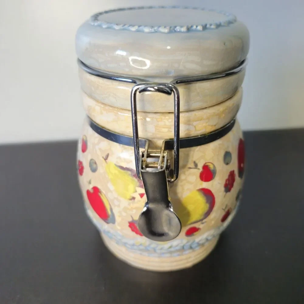 Vintage MSRF Inc Ceramic Fruit Canister Jar Metal Hinged Locking Lid Cottagecore